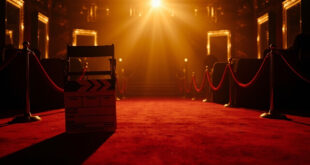 Empty director's chair with movie clapperboard at theater entrance, velvet ropes line vacant red carpet