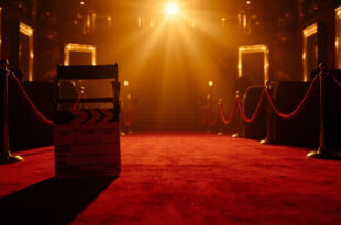Empty director's chair with movie clapperboard at theater entrance, velvet ropes line vacant red carpet