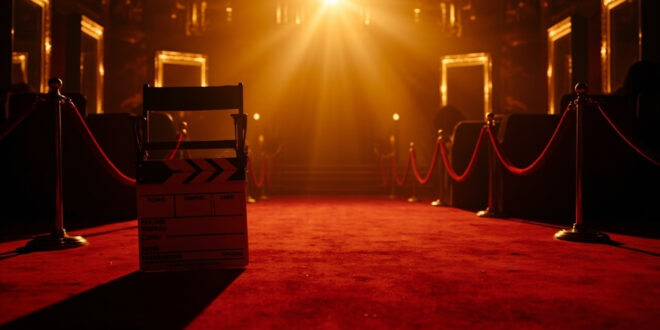 Empty director's chair with movie clapperboard at theater entrance, velvet ropes line vacant red carpet
