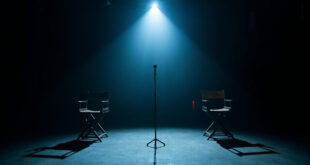 Empty television studio with microphone stand and two vacant chairs under dramatic stage lighting in darkness