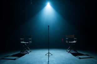 Empty television studio with microphone stand and two vacant chairs under dramatic stage lighting in darkness