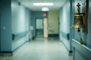 Brass ceremonial bell mounted on wooden plaque in medical facility hallway with soft clinical lighting