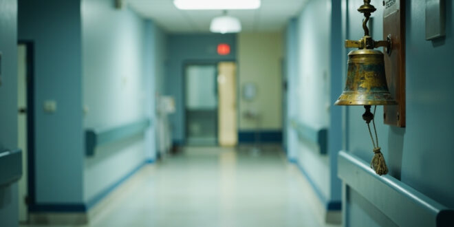 Brass ceremonial bell mounted on wooden plaque in medical facility hallway with soft clinical lighting