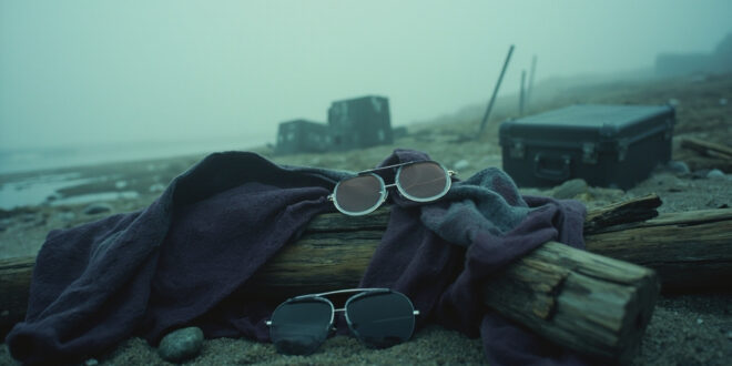 Half-moon glasses and flowing robes draped over driftwood on a foggy beach with film equipment nearby
