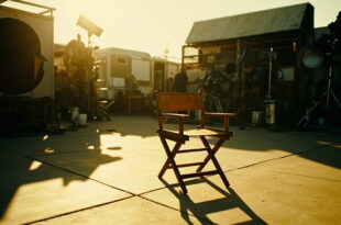 Empty director's chair on outdoor film set with camera equipment and lighting rigs under California sun