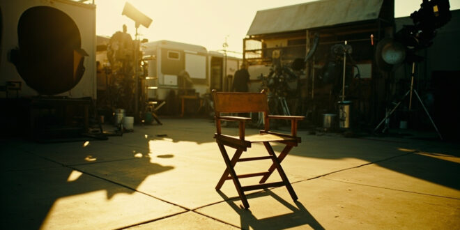Empty director's chair on outdoor film set with camera equipment and lighting rigs under California sun
