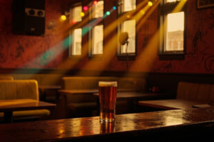 Empty pub bar with DJ equipment, colored lights, pint glass on counter, yellow benches and red walls with decorative drawings