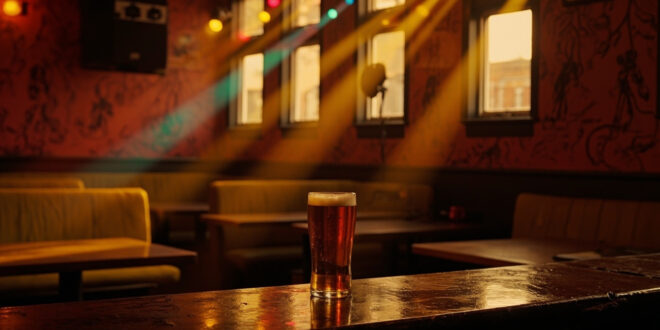 Empty pub bar with DJ equipment, colored lights, pint glass on counter, yellow benches and red walls with decorative drawings