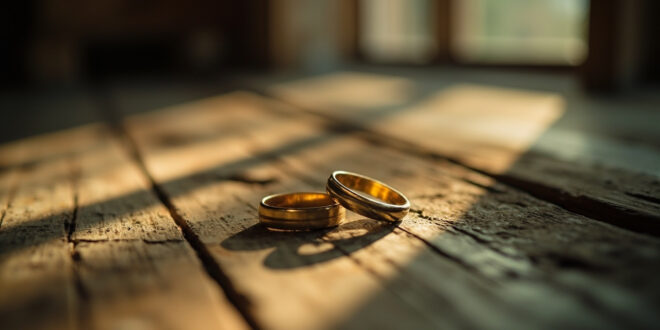 Two gold wedding rings side by side on rustic wooden surface with natural lighting