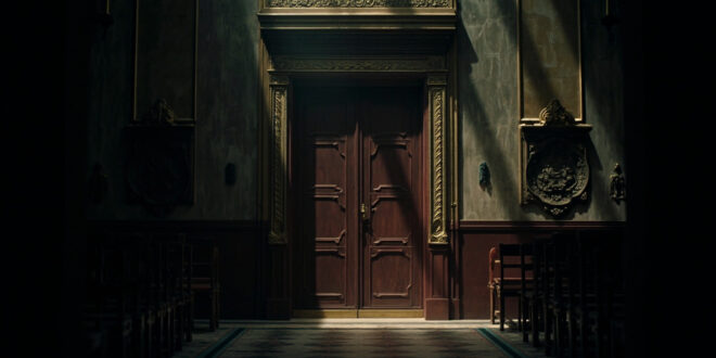 Closed ceremonial doors with official seals in a government building hallway