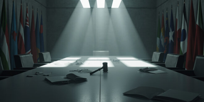 Empty conference table with scattered documents between two vacant chairs under harsh lighting in minimalist room