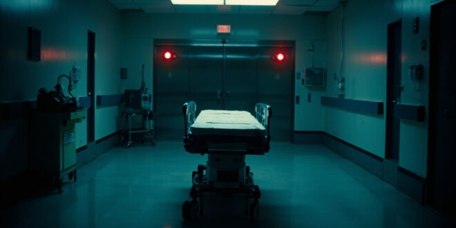 Hospital gurney in empty corridor facing closed operating room doors with overhead surgical lights