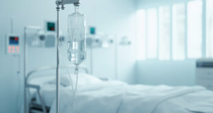 Hospital room showing IV drip bag connected to tubing with medical monitoring equipment in background