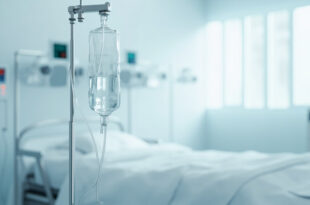 Hospital room showing IV drip bag connected to tubing with medical monitoring equipment in background