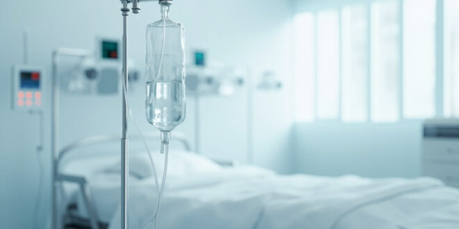 Hospital room showing IV drip bag connected to tubing with medical monitoring equipment in background