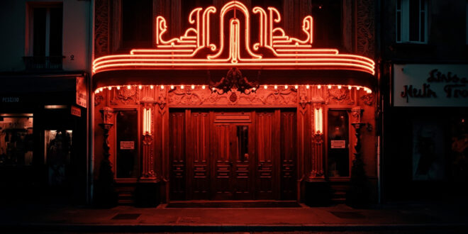 Illuminated Parisian cabaret theater entrance at night with red velvet curtains and ornate facade against dark sky