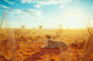 Spotted cheetah cub resting on dry savanna ground near acacia trees in golden afternoon light