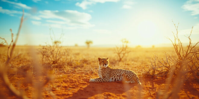 Spotted cheetah cub resting on dry savanna ground near acacia trees in golden afternoon light
