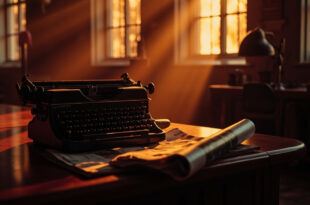 Vintage typewriter next to rolled magazine on wooden desk with warm ambient lighting