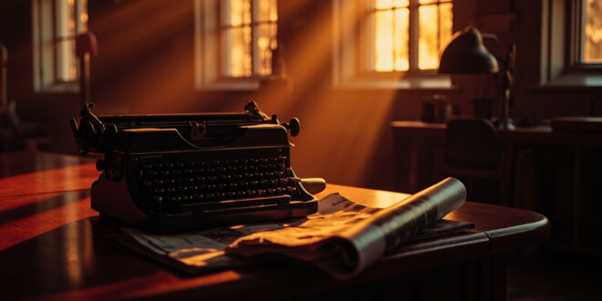 Vintage typewriter next to rolled magazine on wooden desk with warm ambient lighting