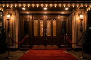 Historic theater entrance with ornate brass doors and glowing marquee lights against burgundy velvet backdrop