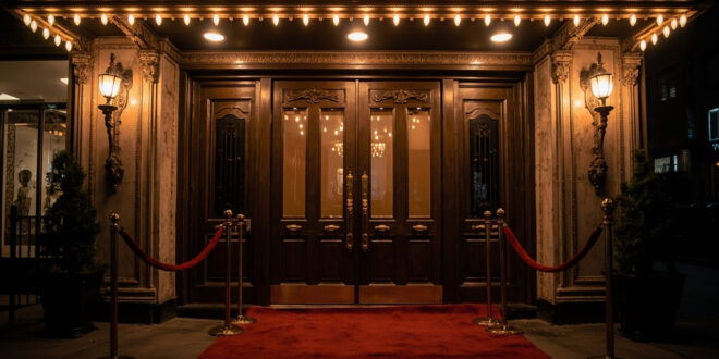 Historic theater entrance with ornate brass doors and glowing marquee lights against burgundy velvet backdrop