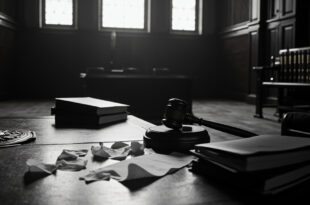 Empty courtroom bench with gavel and legal folders in natural window light