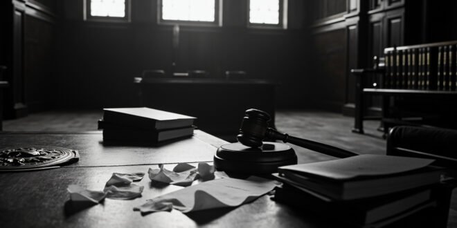 Empty courtroom bench with gavel and legal folders in natural window light