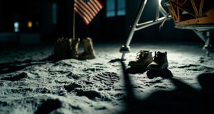 Astronaut boot print in simulated lunar dust next to footwear under dramatic spotlight in darkened museum space exhibit