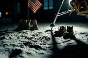 Astronaut boot print in simulated lunar dust next to footwear under dramatic spotlight in darkened museum space exhibit