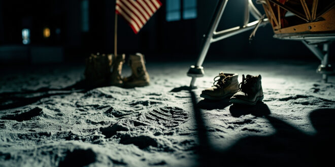 Astronaut boot print in simulated lunar dust next to footwear under dramatic spotlight in darkened museum space exhibit