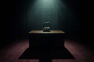 Empty leather chair at wooden desk with closed folders in dimly lit government office