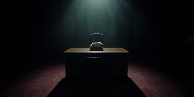 Empty leather chair at wooden desk with closed folders in dimly lit government office