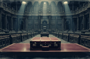 Leather briefcase on polished desk in empty government chamber with rows of parliamentary seats in background.