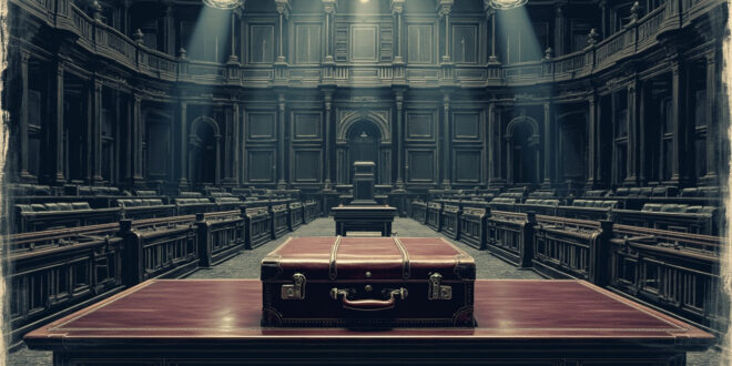 Leather briefcase on polished desk in empty government chamber with rows of parliamentary seats in background.