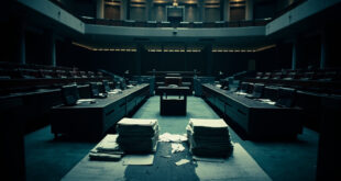 Empty parliament chamber with opposing benches, scattered documents on desks, institutional lighting casting long shadows