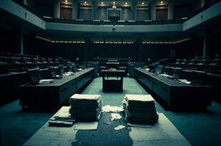Empty parliament chamber with opposing benches, scattered documents on desks, institutional lighting casting long shadows