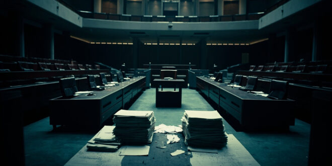 Empty parliament chamber with opposing benches, scattered documents on desks, institutional lighting casting long shadows