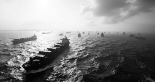 Cargo ships and boats spread across Mediterranean waters in loose, fragmented formation under overcast sky.
