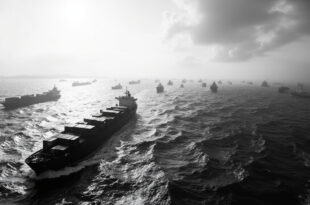 Cargo ships and boats spread across Mediterranean waters in loose, fragmented formation under overcast sky.