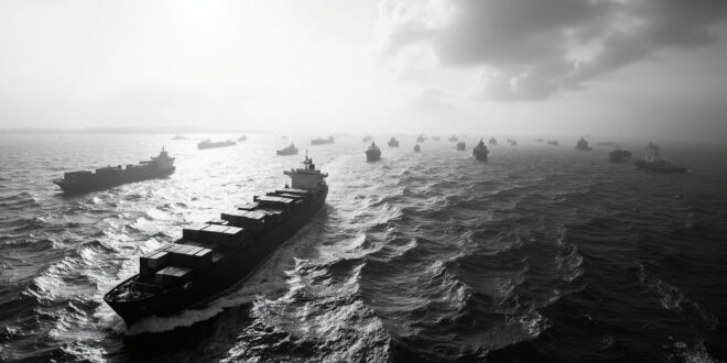Cargo ships and boats spread across Mediterranean waters in loose, fragmented formation under overcast sky.