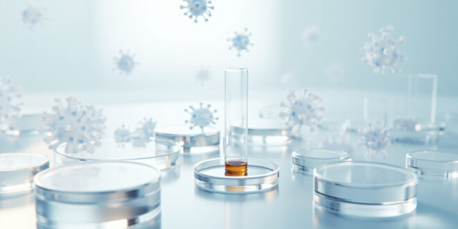 Glass test tube with liquid sample on white laboratory surface under sterile lighting