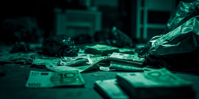 Stacks of one hundred euro banknotes on table with evidence bags in dim room under harsh overhead light
