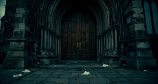 Closed cathedral doors with scattered papers on cobblestone steps under gray sky