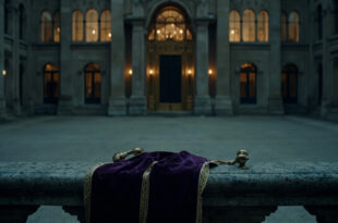 Empty royal lodge facade with closed doors and overgrown garden path leading to ornate gate