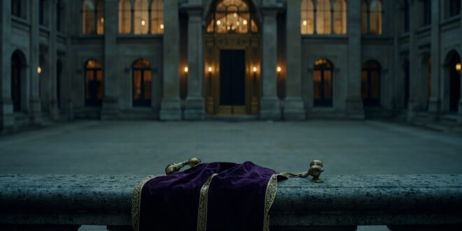 Empty royal lodge facade with closed doors and overgrown garden path leading to ornate gate