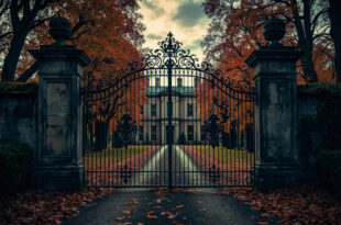 Wrought iron gates with royal crown emblem closing before a grand stone manor house at twilight