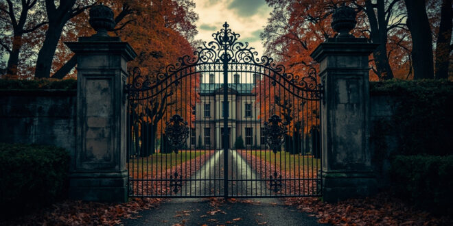 Wrought iron gates with royal crown emblem closing before a grand stone manor house at twilight