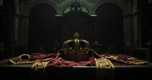 Ducal coronet and royal sash resting on dark wooden table in dimly lit palace chamber