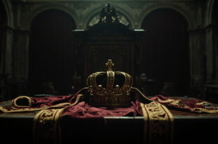 Ducal coronet and royal sash resting on dark wooden table in dimly lit palace chamber